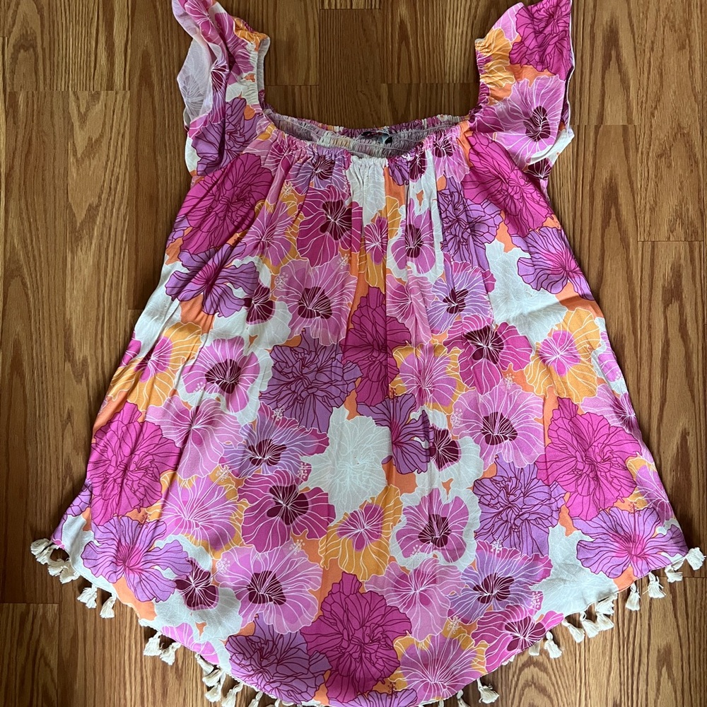 Ava Sky Pink and White Hibiscus Floral Off shoulder mini dress NWOT